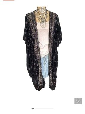 Angie Black and Tan/white Boho Patterned Open Cardigan Kimono / SIZE M - MEDIUM
